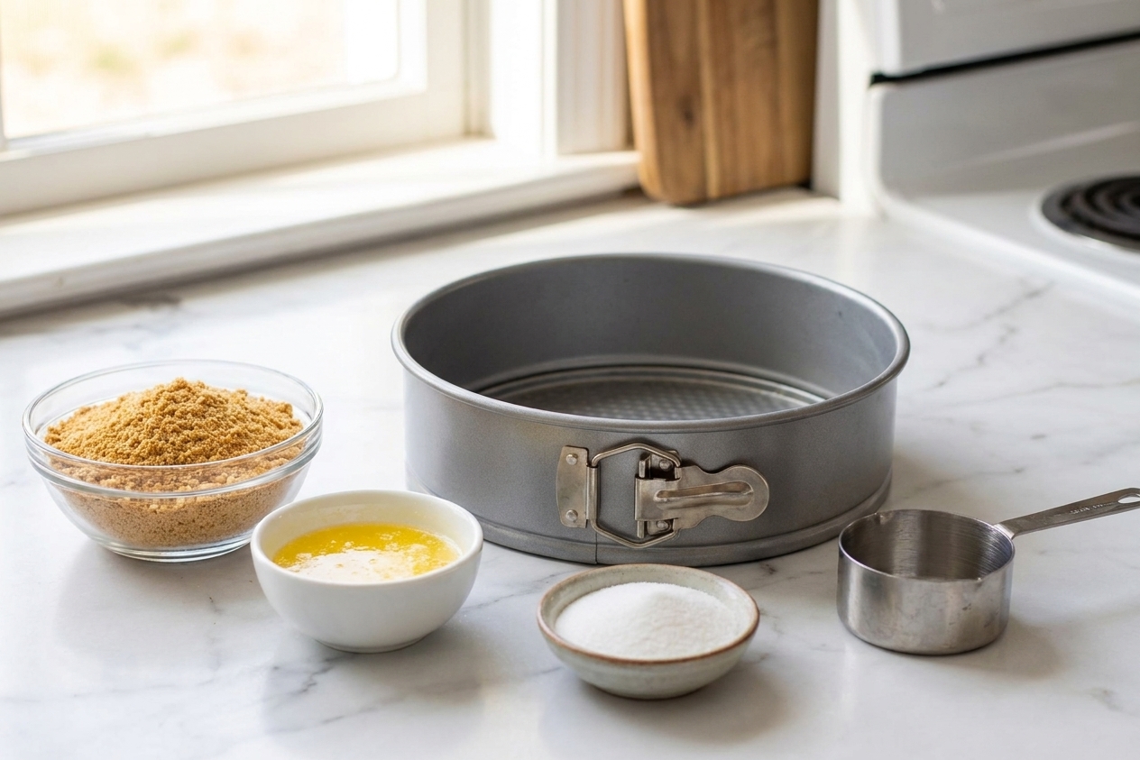 Graham cracker crumbs, melted butter, sugar, and a 9-inch springform pan set on a bright kitchen counter, ready to make the crust