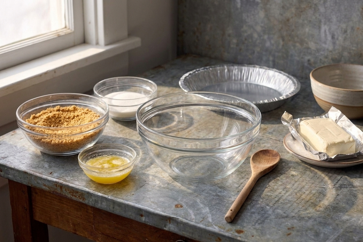 Graham cracker crumbs, melted butter, sugar, and a mixing bowl on a kitchen counter ready to make a pie crust