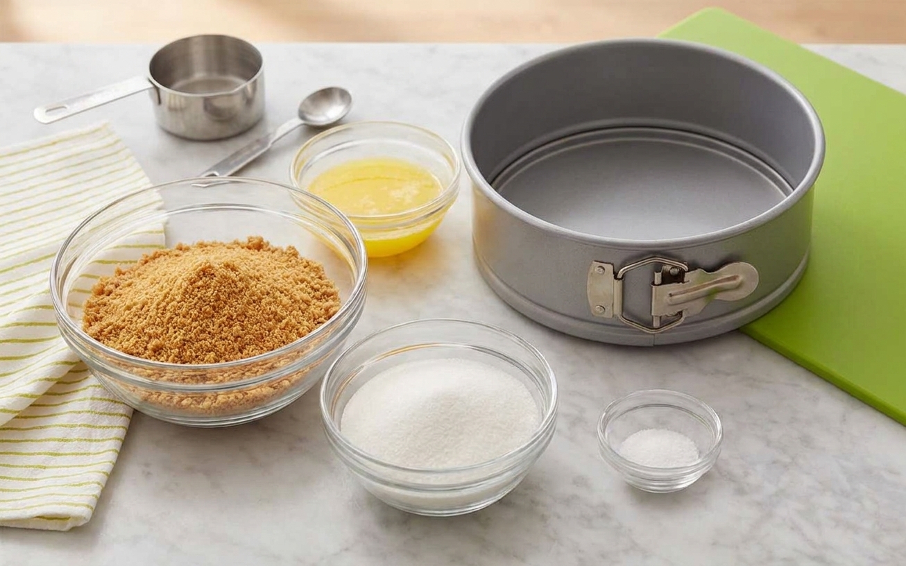 Graham cracker crumbs, melted butter, sugar, and a pinch of salt measured on a light kitchen counter beside a 9-inch springform pan