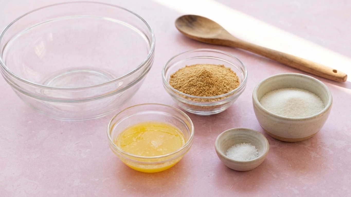Graham cracker crumbs, melted butter, sugar, and a pinch of salt measured on a kitchen counter with a mixing bowl nearby