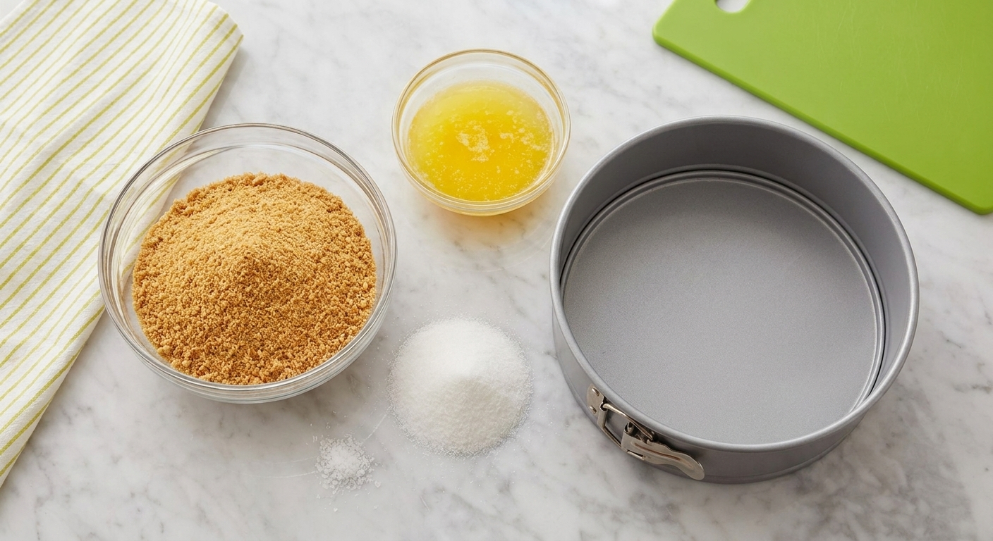 Graham cracker crumbs, melted butter, sugar, and a pinch of salt measured out on a kitchen counter next to a 9-inch springform pan