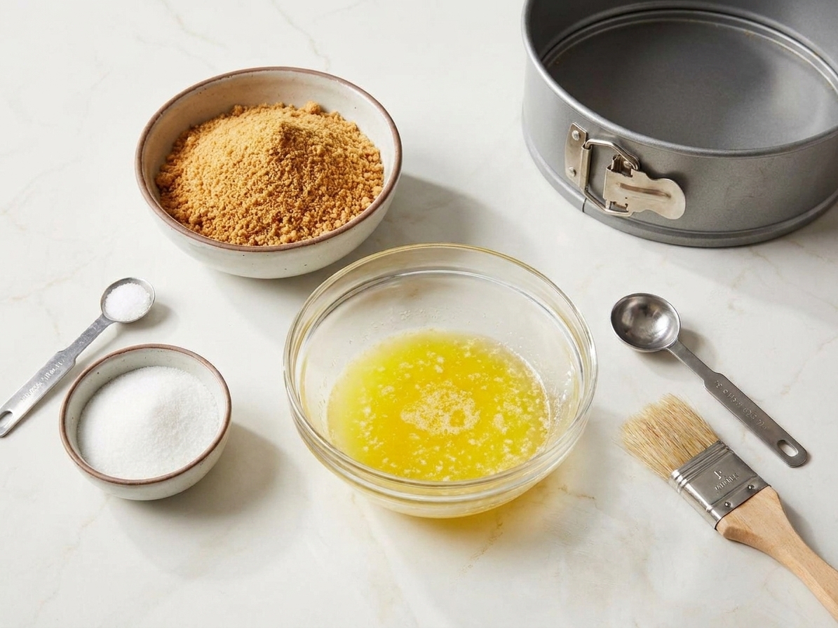 Graham cracker crumbs, melted butter, sugar, and salt measured out in small bowls on a light kitchen counter, ready to make a cheesecake crust