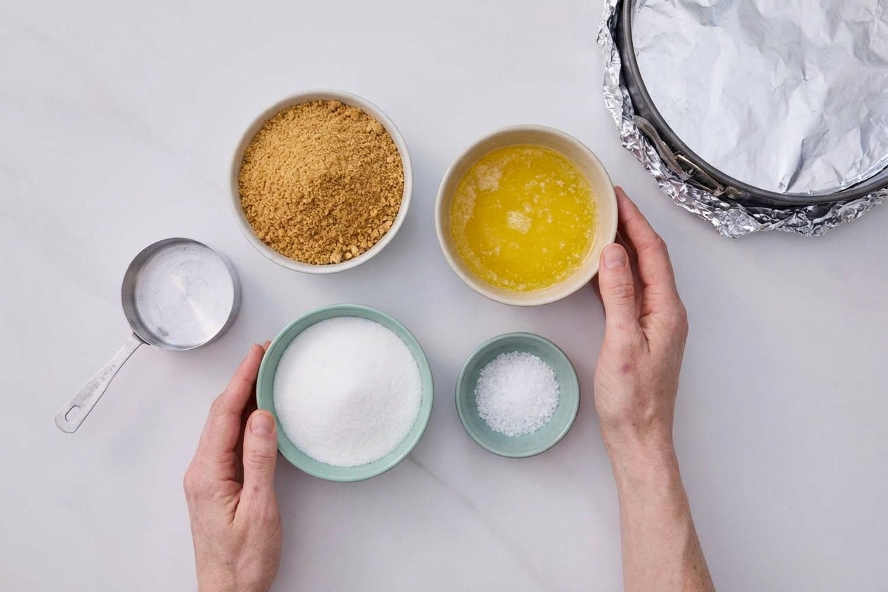 Graham cracker crumbs, melted butter, sugar, and salt in small bowls on a light kitchen counter ready for cheesecake crust