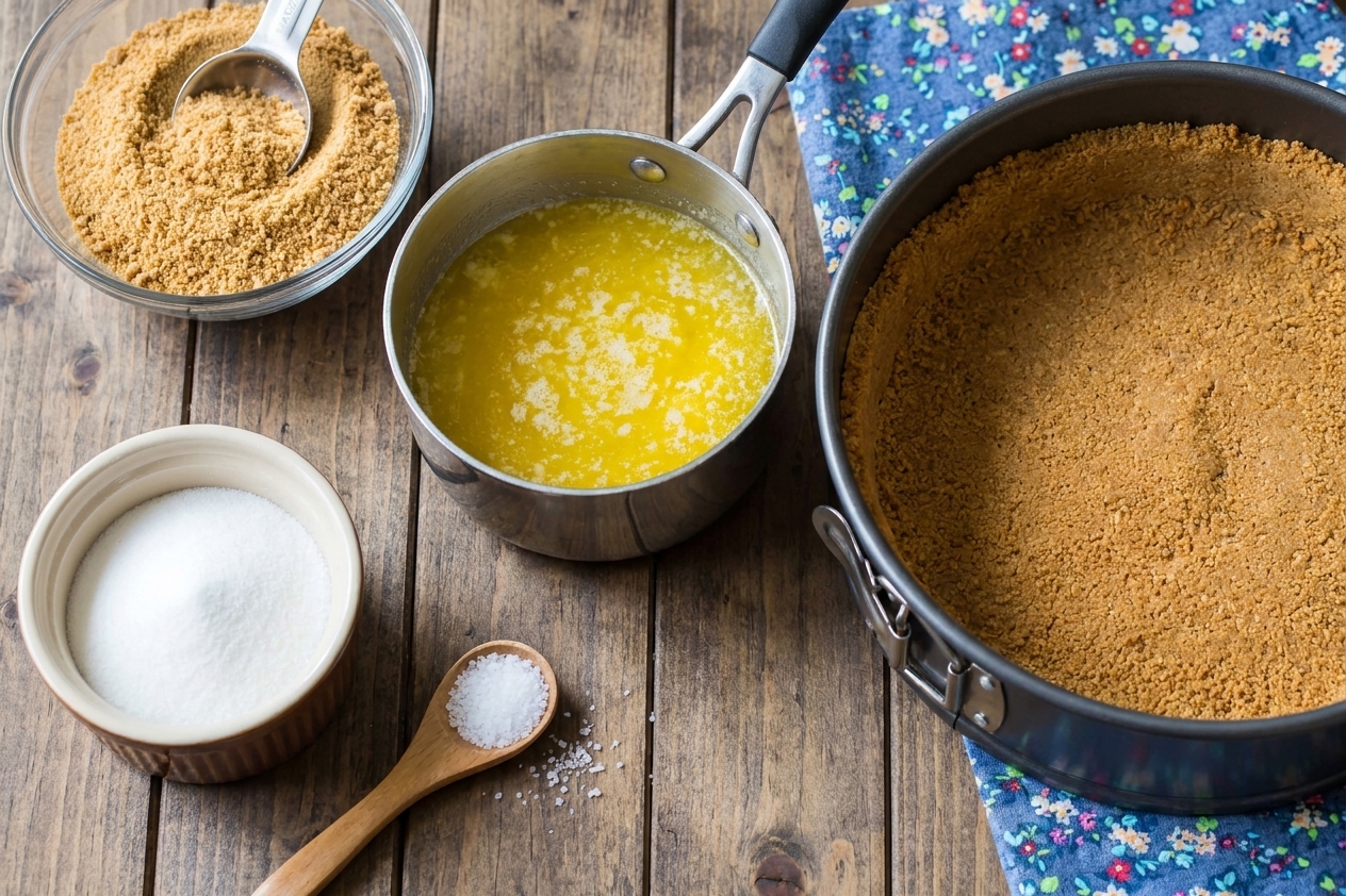 Graham cracker crumbs, melted butter, sugar, and salt measured on a tidy kitchen counter with a springform pan nearby