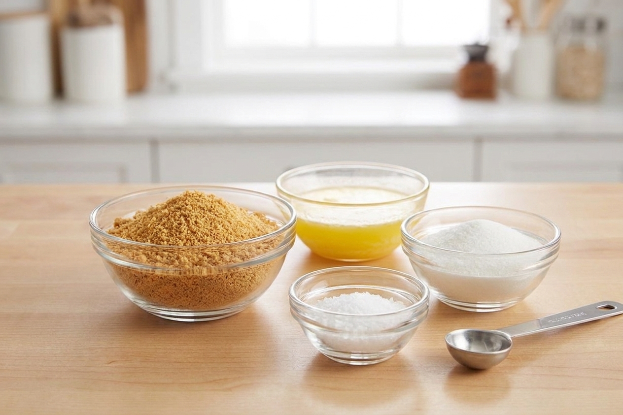 Graham cracker crumbs, melted butter, sugar, and salt measured out in small bowls on a clean kitchen counter