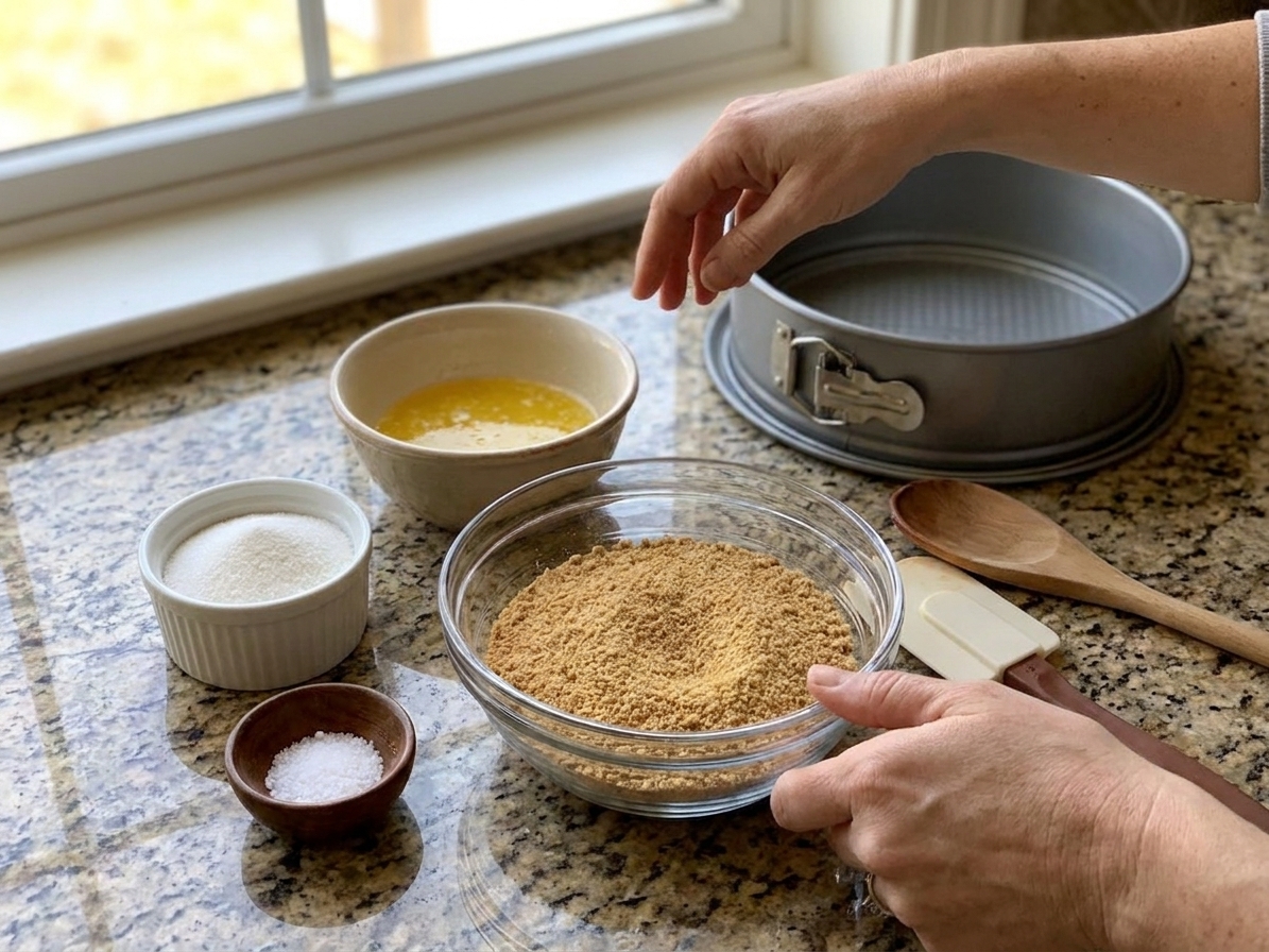 Graham cracker crumbs, melted butter, sugar, and salt measured out on a light kitchen counter beside a springform pan
