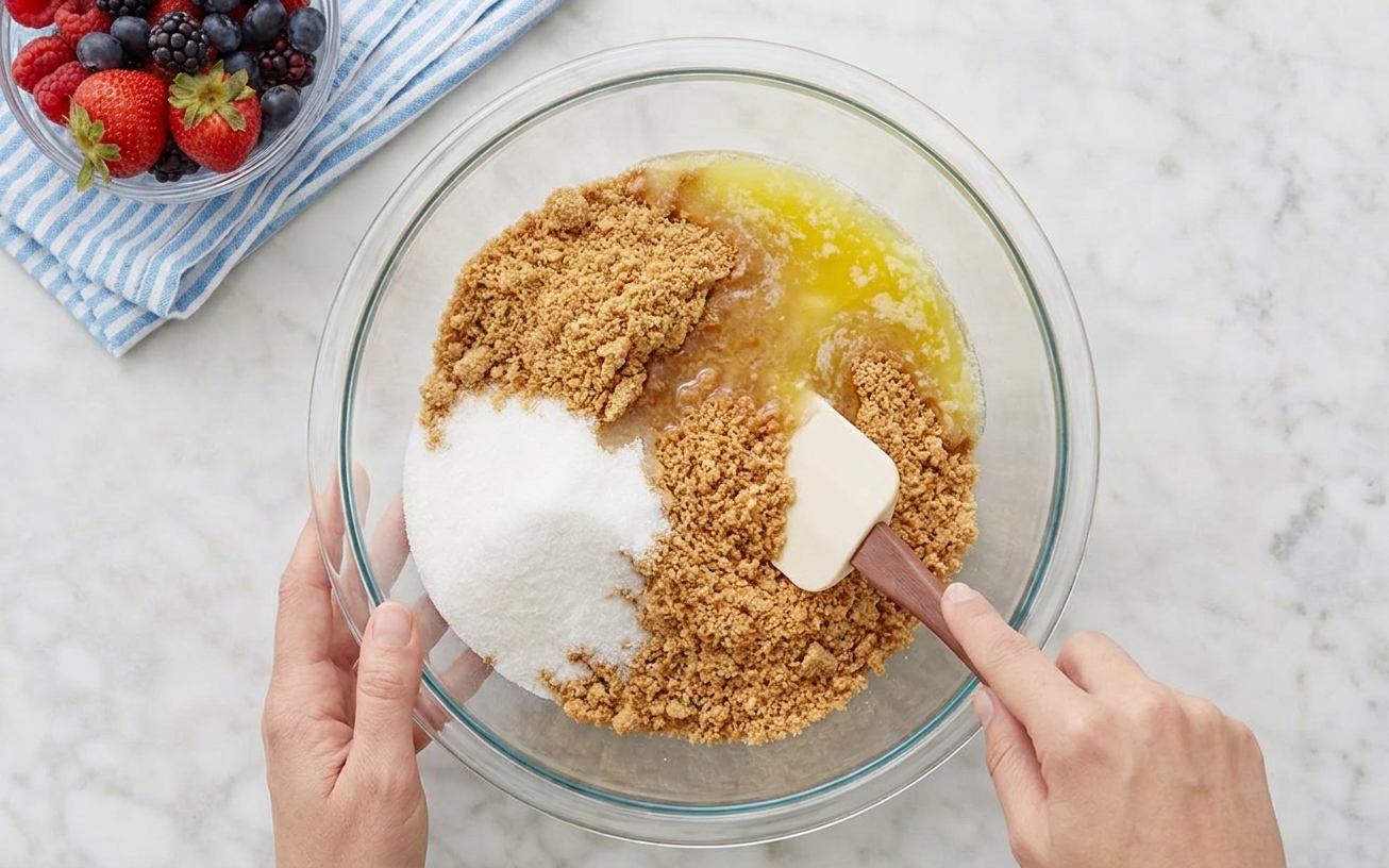 Graham cracker crumbs, sugar, and melted butter in a mixing bowl ready to be stirred into a crust