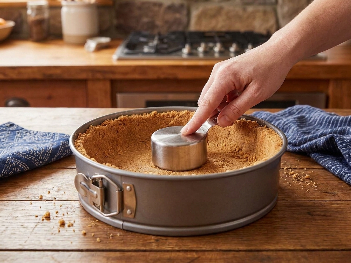 Graham cracker crust pressed evenly into a 9-inch springform pan with a flat-bottomed measuring cup on a clean kitchen counter