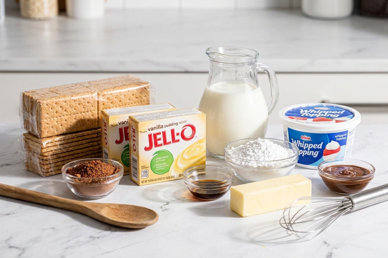 Graham crackers, boxes of instant vanilla pudding, milk, whipped topping, and chocolate frosting ingredients arranged on a clean kitchen counter
