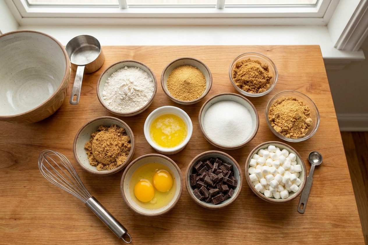 Graham crackers, chocolate bars, marshmallows, flour, butter, sugar, and eggs arranged on a clean kitchen counter with a mixing bowl nearby