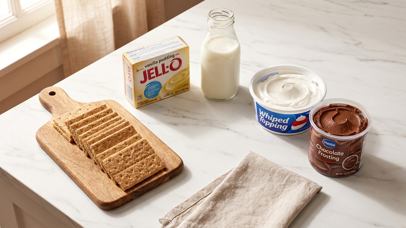 Graham crackers, instant vanilla pudding mix, milk, whipped topping, and chocolate frosting arranged on a tidy kitchen counter