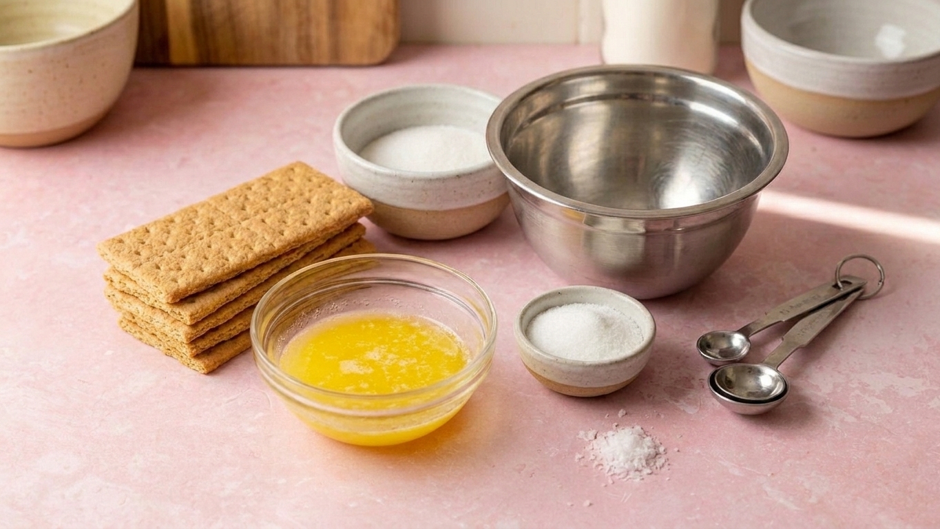 Graham crackers, melted butter, sugar, and a pinch of salt arranged on a clean kitchen counter with a mixing bowl and measuring spoons