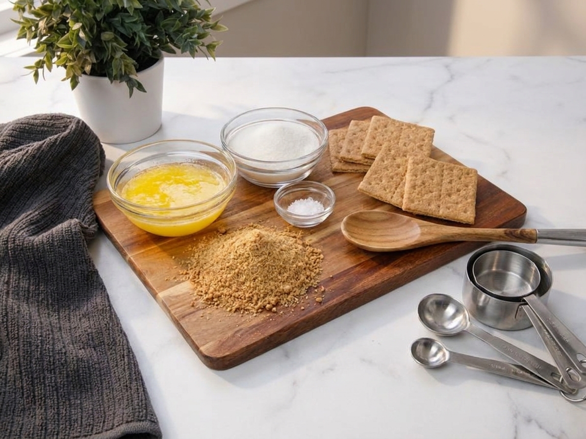 Graham crackers, melted butter, sugar, and a pinch of salt arranged on a clean kitchen counter with measuring cups nearby