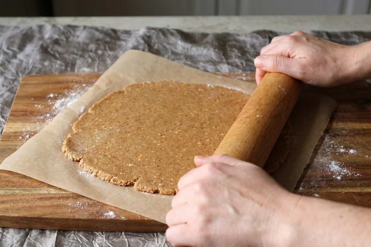Graham wafer dough being rolled between sheets of parchment with a rolling pin on a kitchen counter