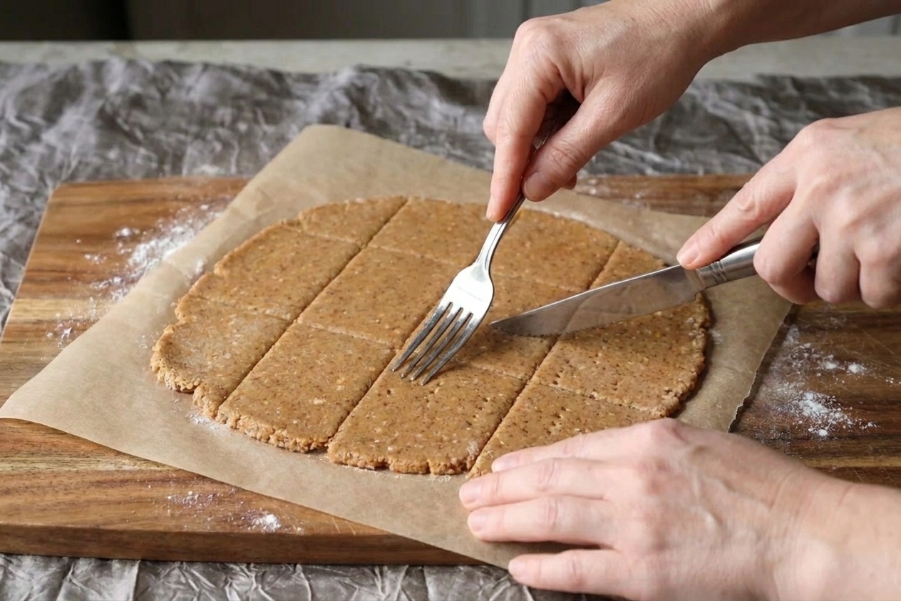 Graham wafer dough scored into rectangles and poked with a fork to create docking holes
