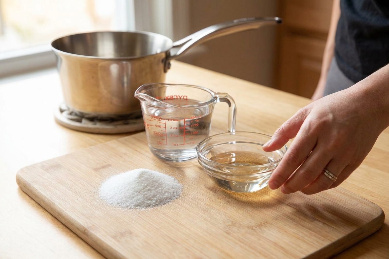 Granulated sugar, a measuring cup of water, and a small bowl of corn syrup on a clean kitchen counter