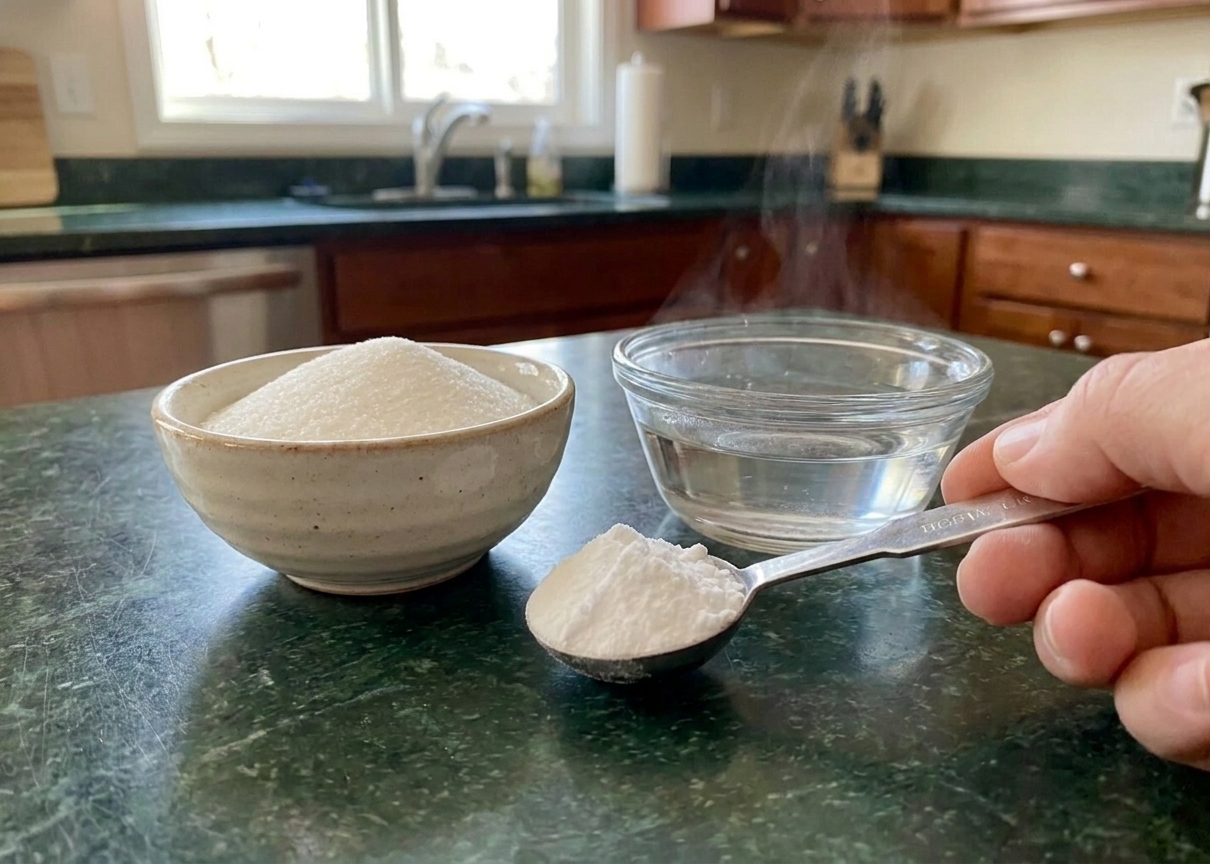 Granulated sugar, a spoonful of borax powder, and a small bowl of warm water arranged on a kitchen counter.