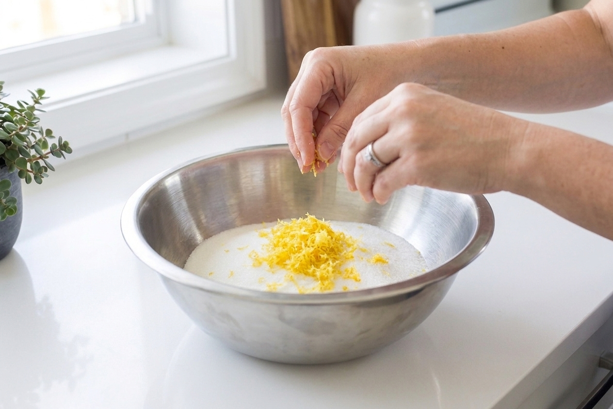 Granulated sugar and fresh lemon zest in a mixing bowl, ready to be rubbed together on a kitchen counter