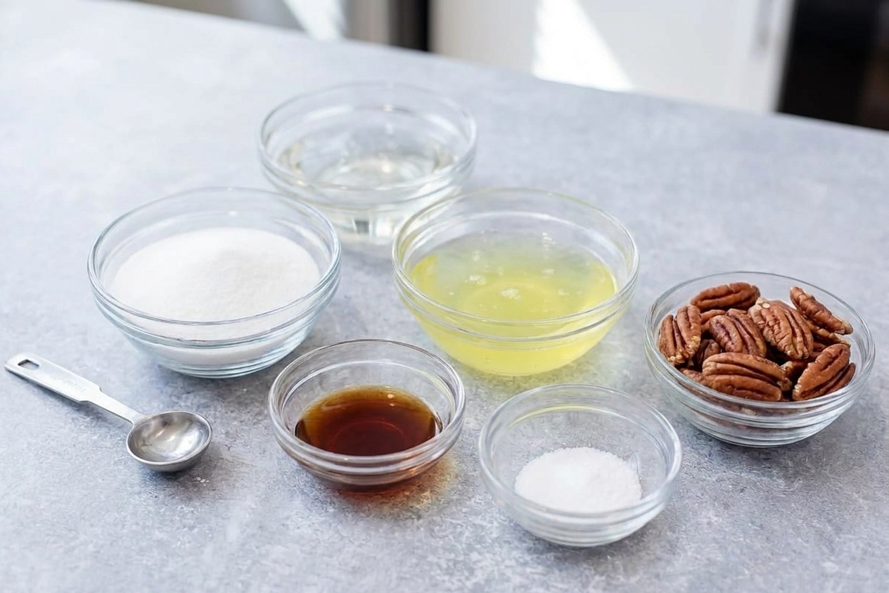 Granulated sugar, corn syrup, egg whites, vanilla, salt, and pecans measured out in small bowls on a clean kitchen counter