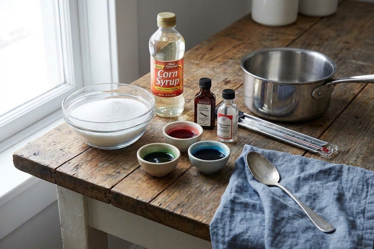 Granulated sugar, light corn syrup, small bowls of flavoring and food coloring, and a candy thermometer arranged on a tidy kitchen counter