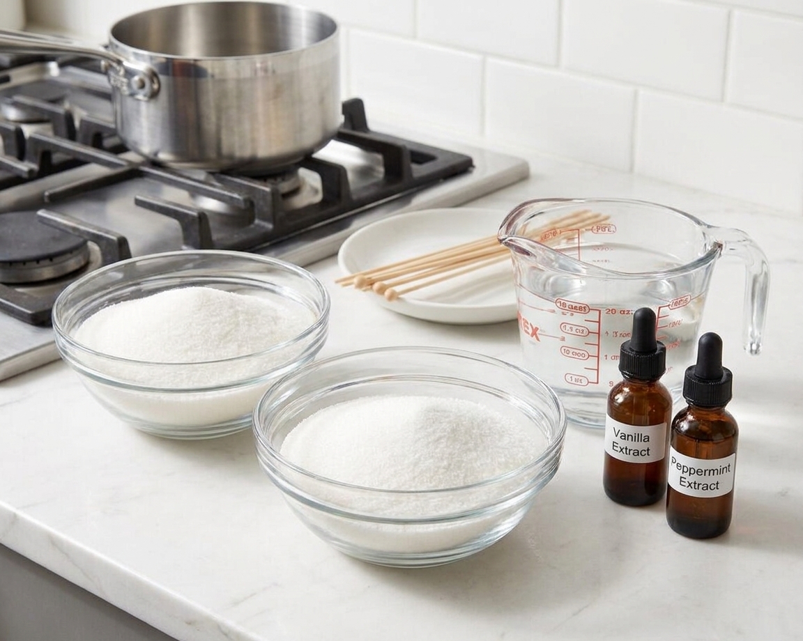 Granulated sugar measured in bowls beside a measuring cup of water and small bottles of vanilla and peppermint extract on a kitchen counter