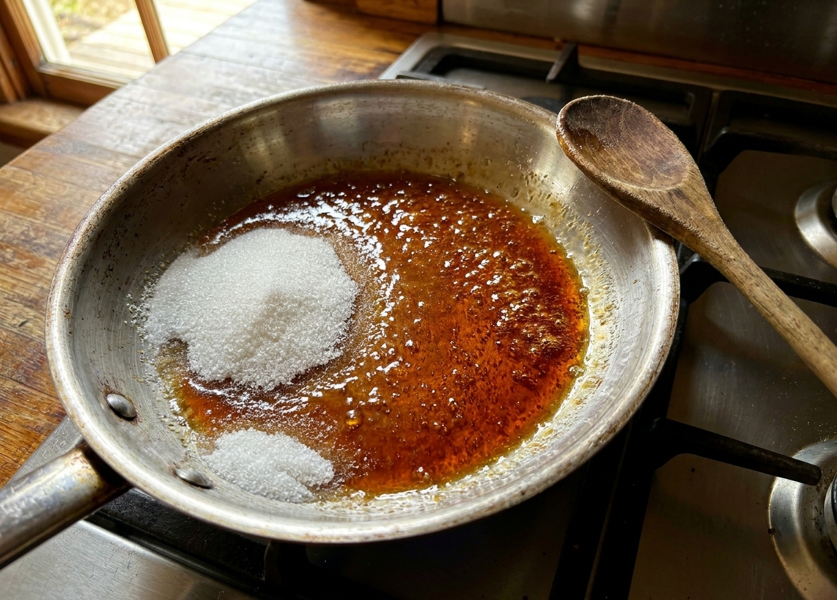 Granulated sugar melting into deep amber caramel in a stainless steel skillet on a stovetop with a wooden spoon nearby