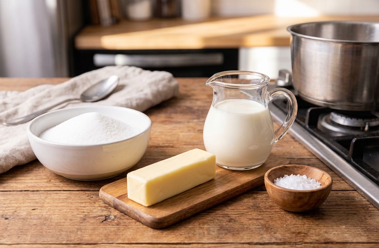 Granulated sugar, unsalted butter, heavy cream, and flaky sea salt measured and arranged on a tidy kitchen counter in consistent warm lighting