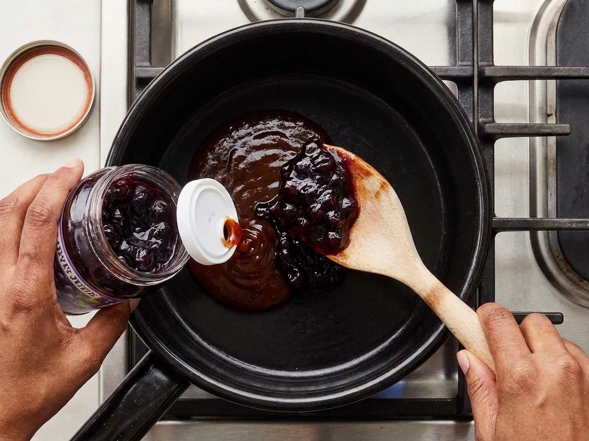 Grape jelly and barbecue sauce being spooned into a saucepan on a stovetop before heating