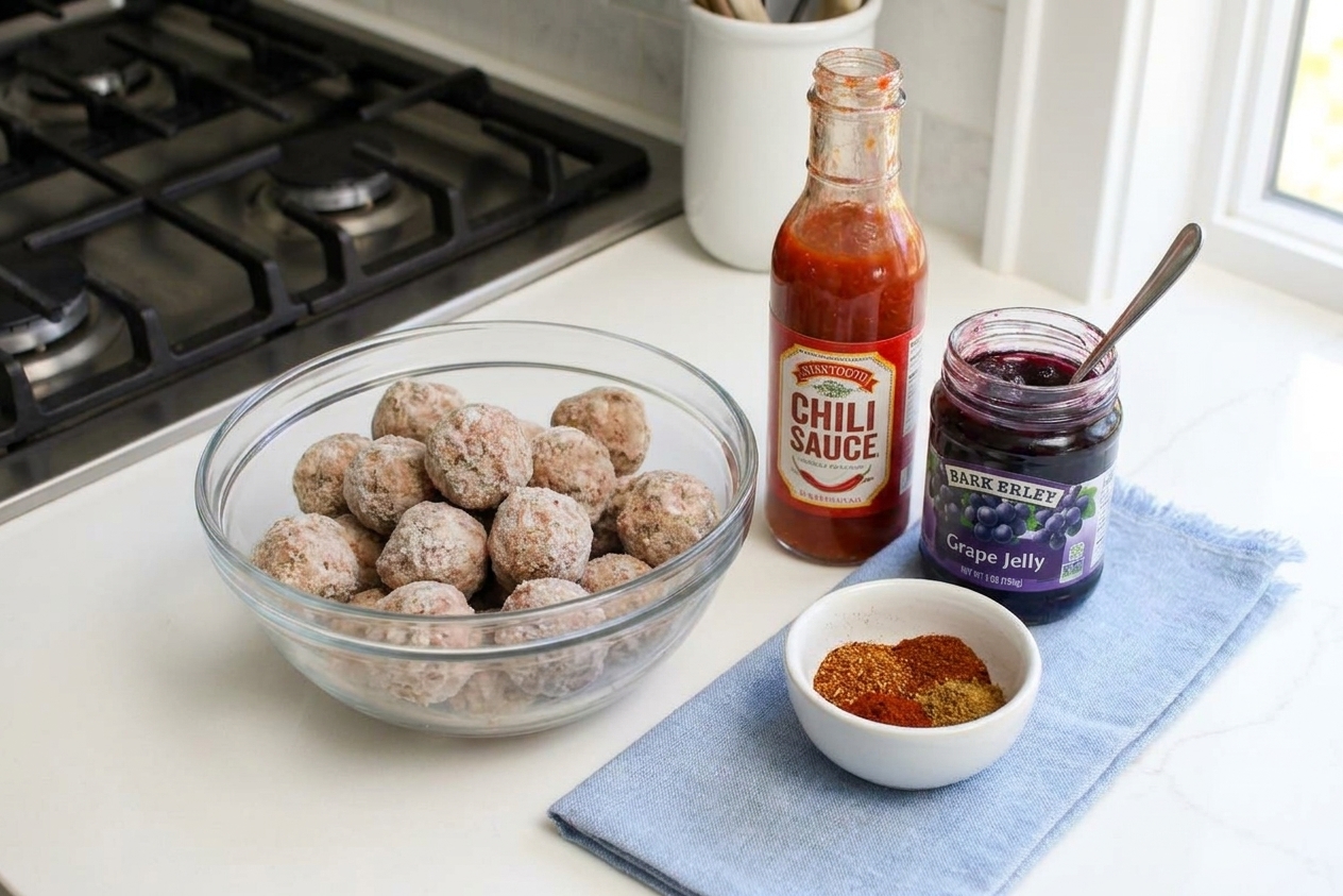 Grape jelly, bottled chili sauce, frozen meatballs, and a small bowl of seasonings arranged on a clean kitchen counter under warm light
