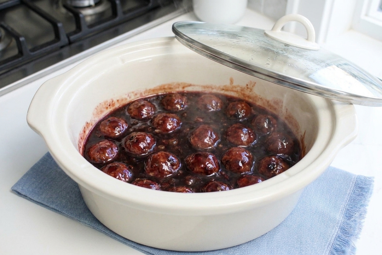 Grape jelly meatballs simmering in a slow cooker with the lid slightly ajar on a home kitchen counter