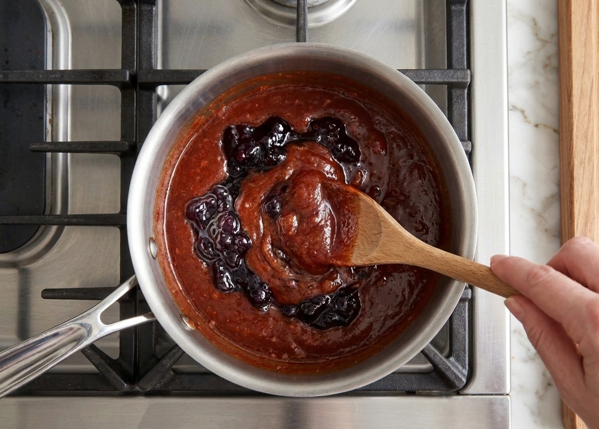 Grape jelly melting into chili sauce in a saucepan on a stovetop with a wooden spoon stirring