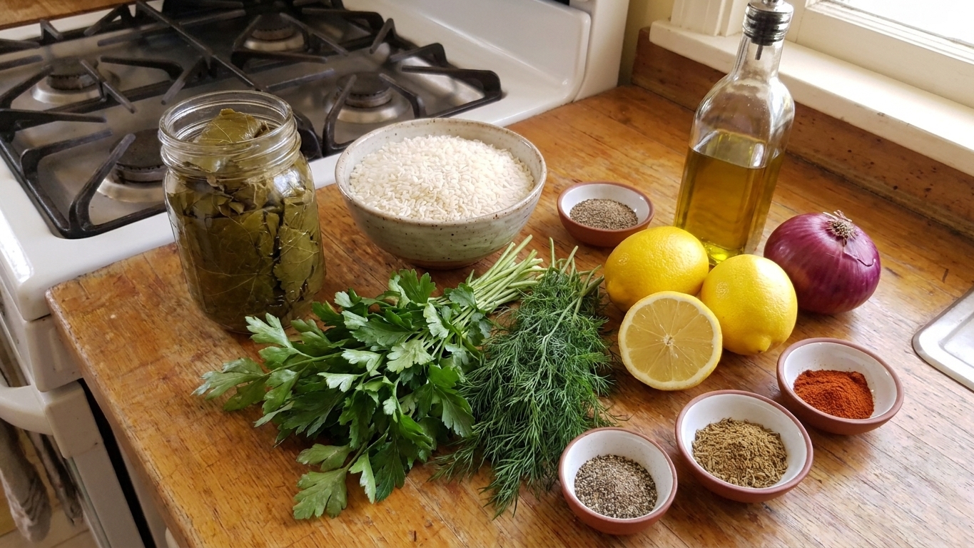 Grape leaves in a jar, uncooked rice, fresh parsley, fresh dill, lemons, onion, olive oil, and spices arranged on a clean kitchen counter