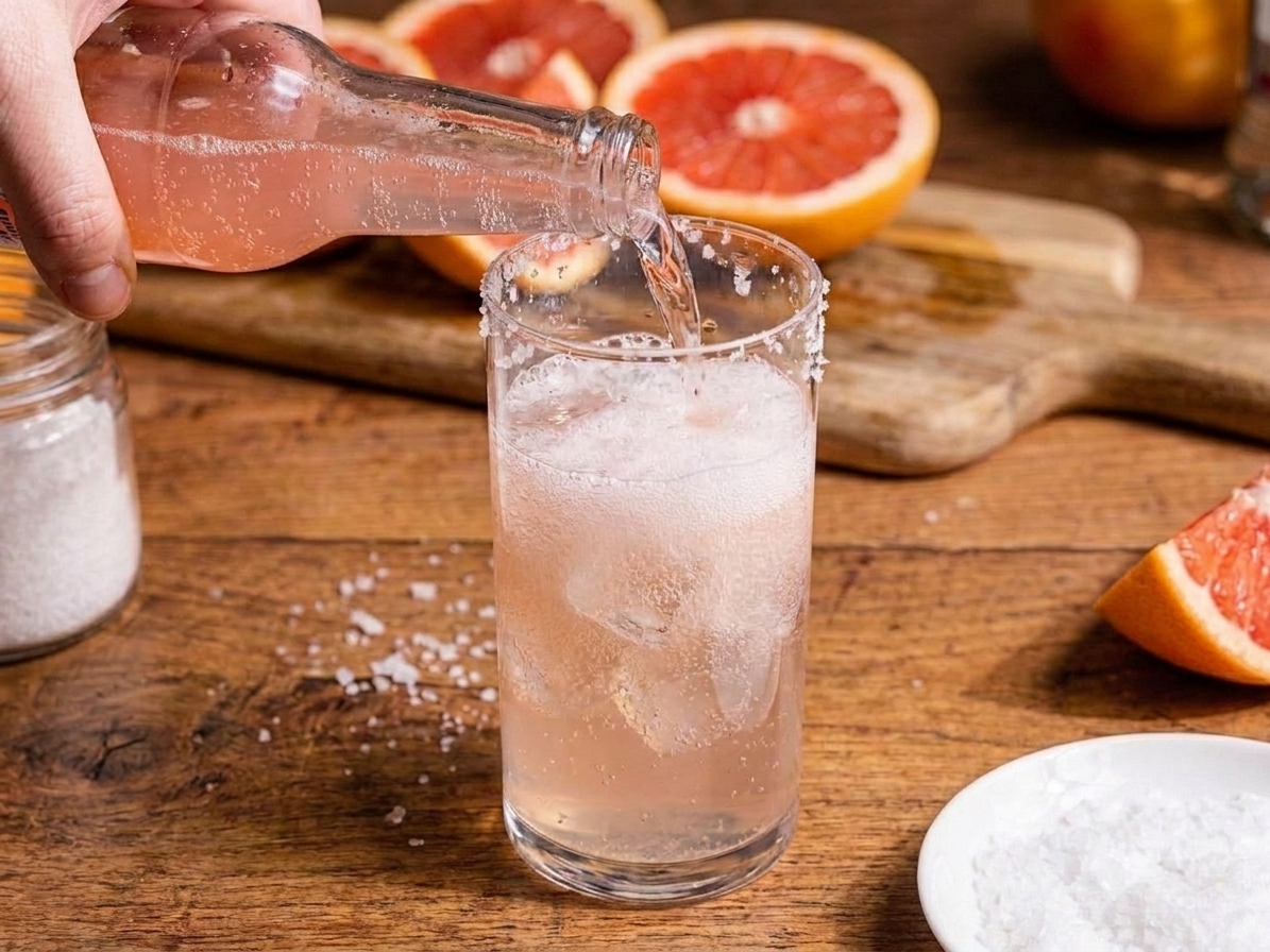 Grapefruit soda being poured into a highball glass with tequila and ice, creating bubbles near the surface
