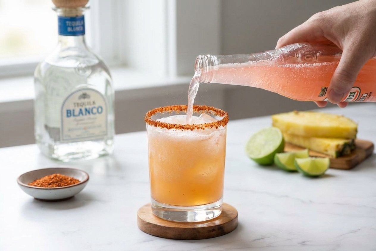 Grapefruit soda being poured into an iced tequila drink in a tajín-rimmed glass