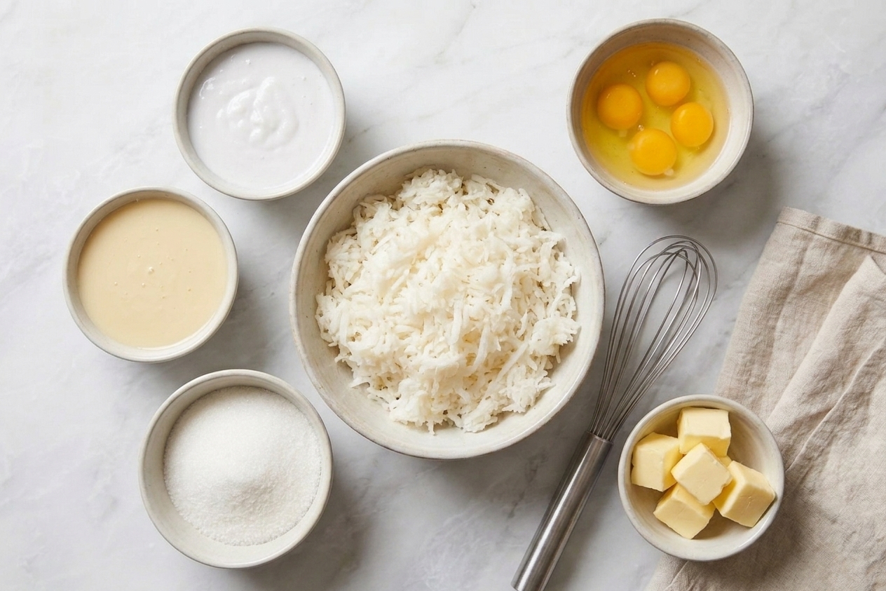 Grated cassava, coconut milk, condensed milk, eggs, sugar, and butter arranged on a clean kitchen counter in matching bowls, ready for baking