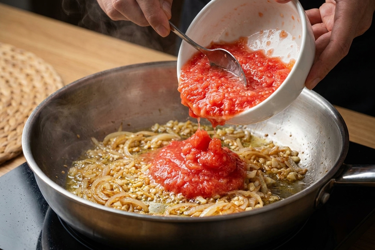 Grated fresh tomato being added to sautéed onion and garlic in a wide pan on the stove