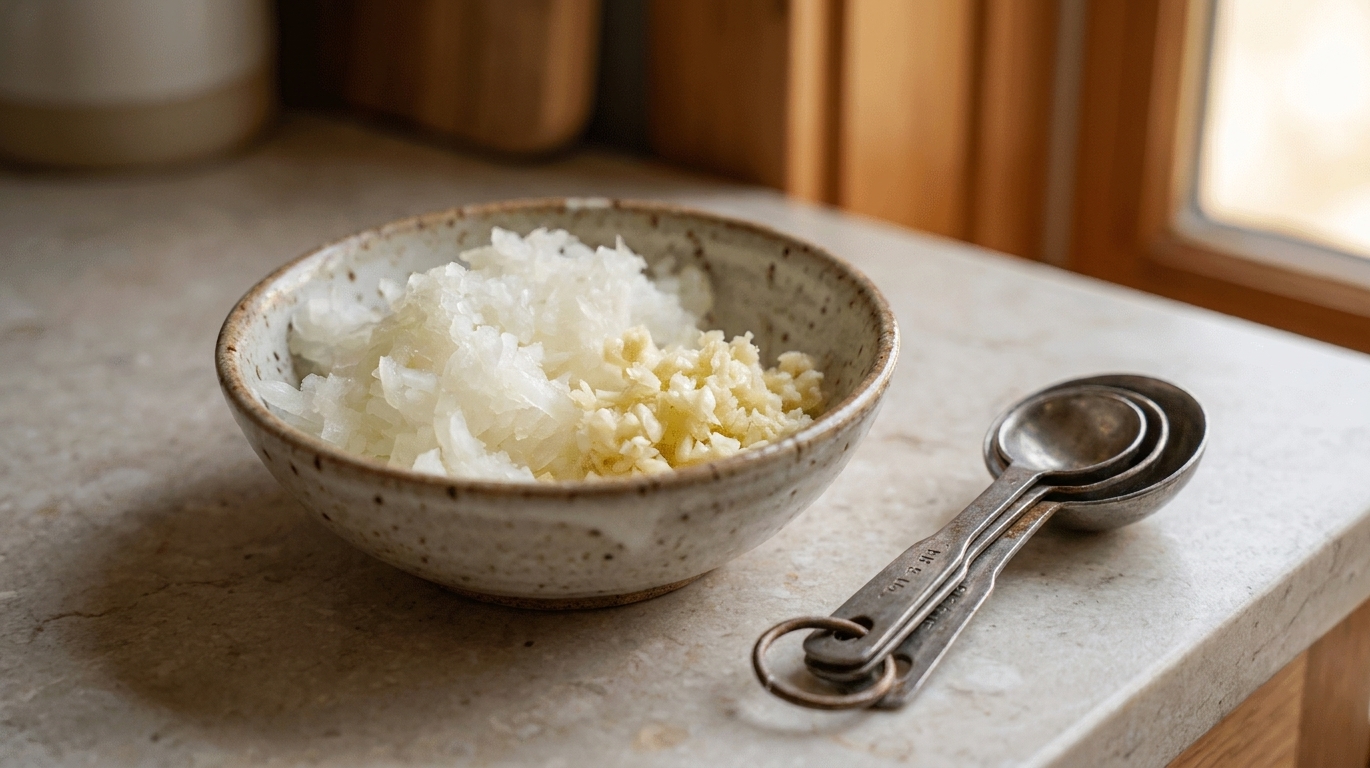 Grated onion and minced garlic in a small bowl beside measuring spoons