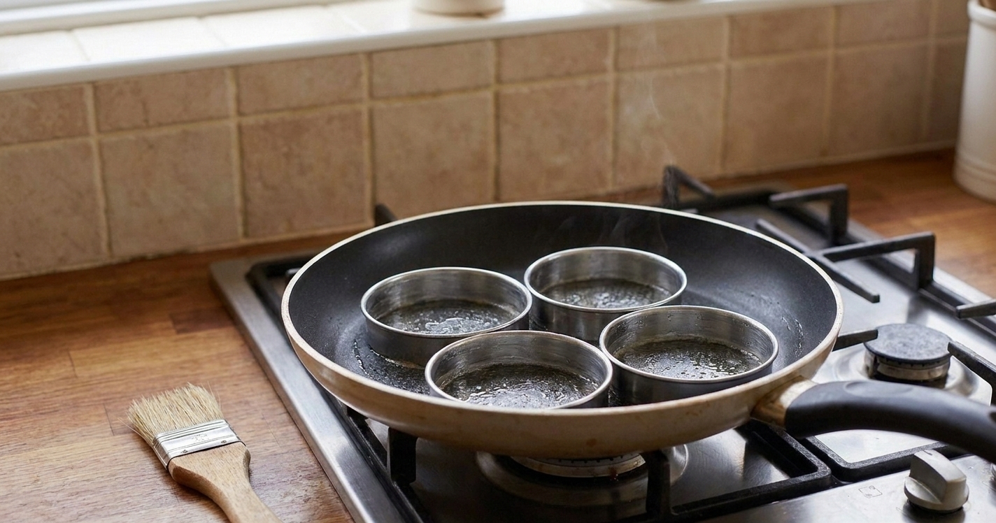 Greased metal crumpet rings arranged in a lightly oiled skillet preheating on a stovetop with a pastry brush resting nearby