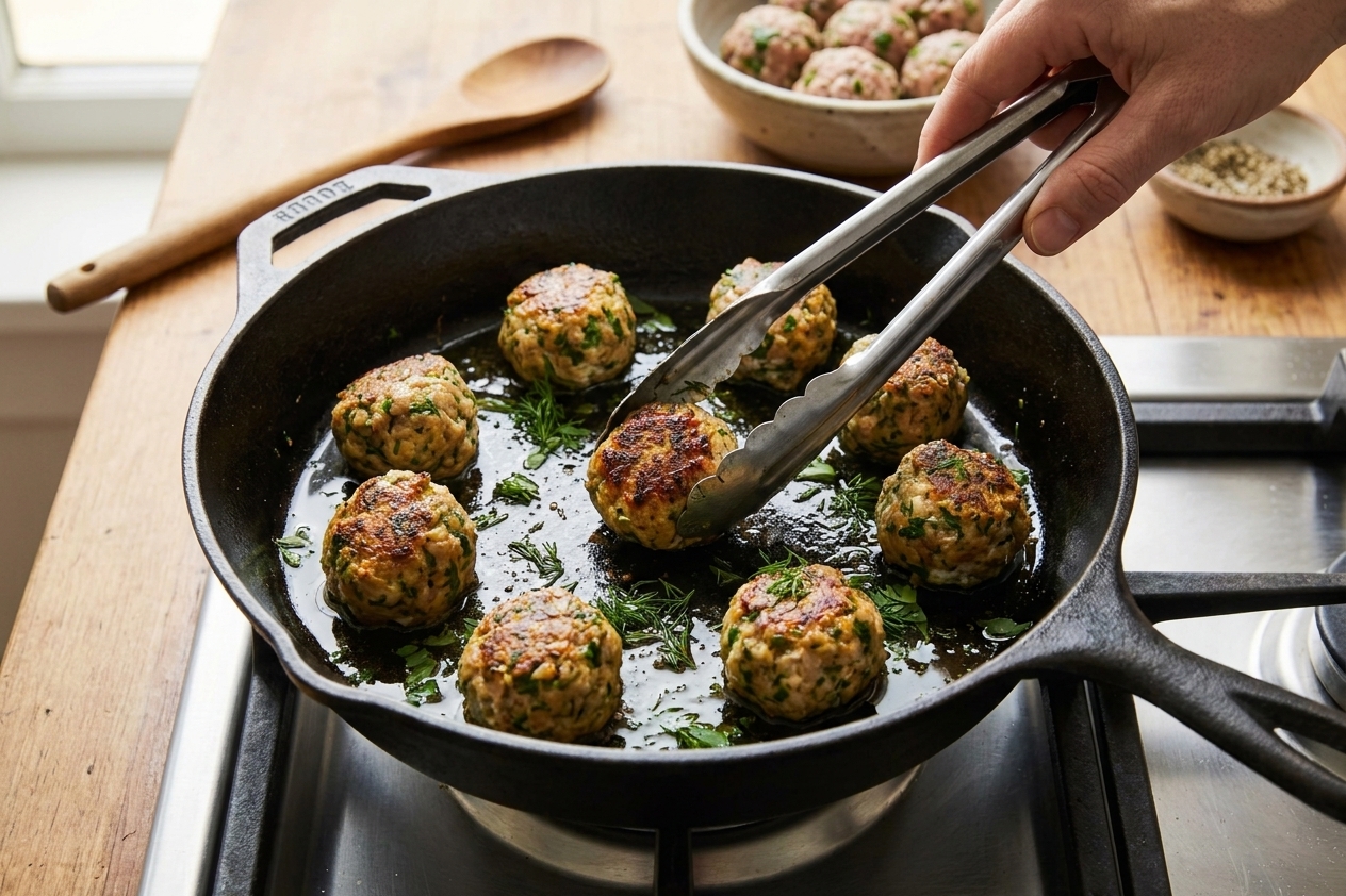 Greek meatballs browning in a cast iron skillet with olive oil, with tongs turning one meatball over on a stovetop