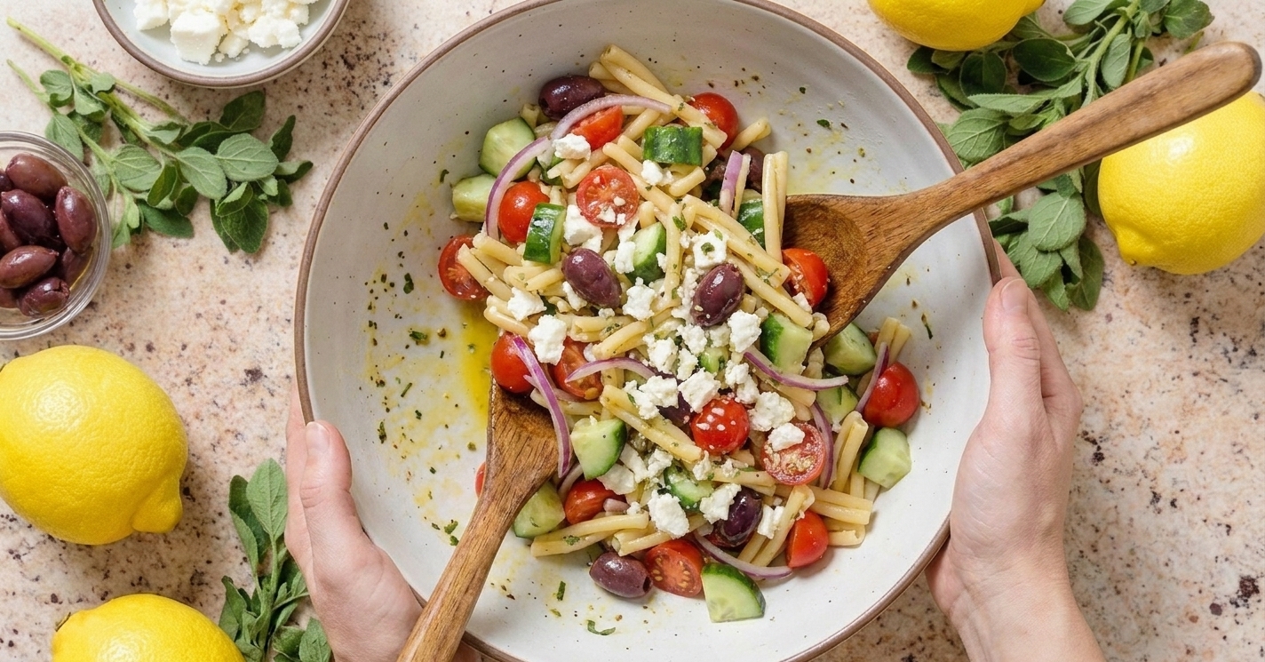 Greek pasta salad being tossed in a large mixing bowl, showing pasta, vegetables, olives, and feta being mixed on a kitchen counter