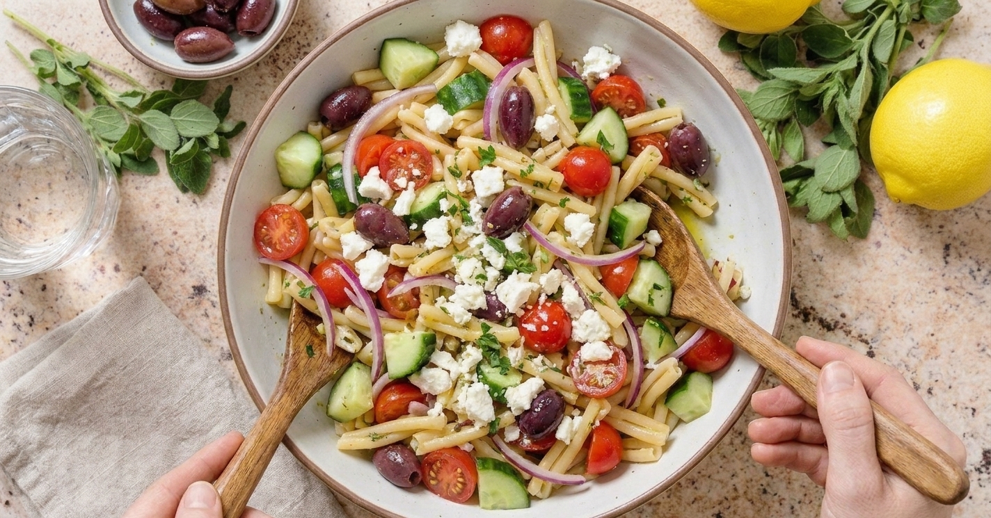 Greek pasta salad served on a wide platter with visible feta crumbles, kalamata olives, and fresh parsley on a simple family table setting