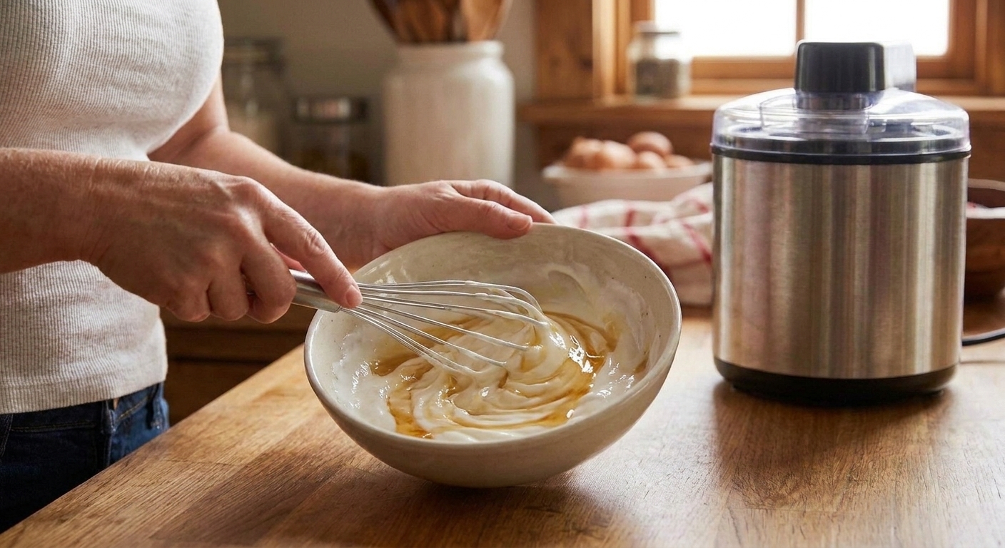 Greek yogurt and honey being whisked together in a bowl until glossy and smooth on a kitchen counter