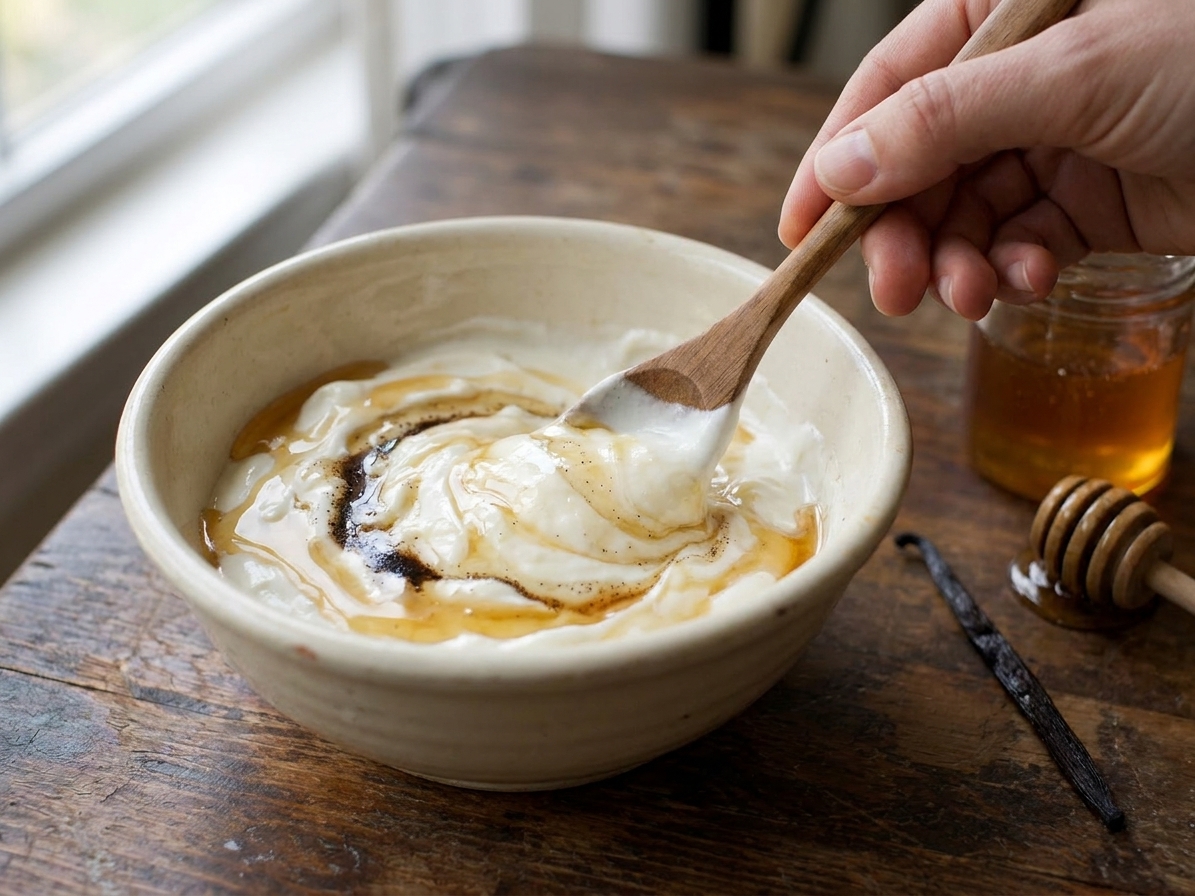 Greek yogurt being mixed with honey and vanilla in a ceramic bowl with a spoon on a kitchen counter