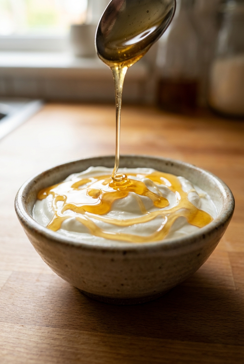 Greek yogurt drizzled with honey in a small bowl
