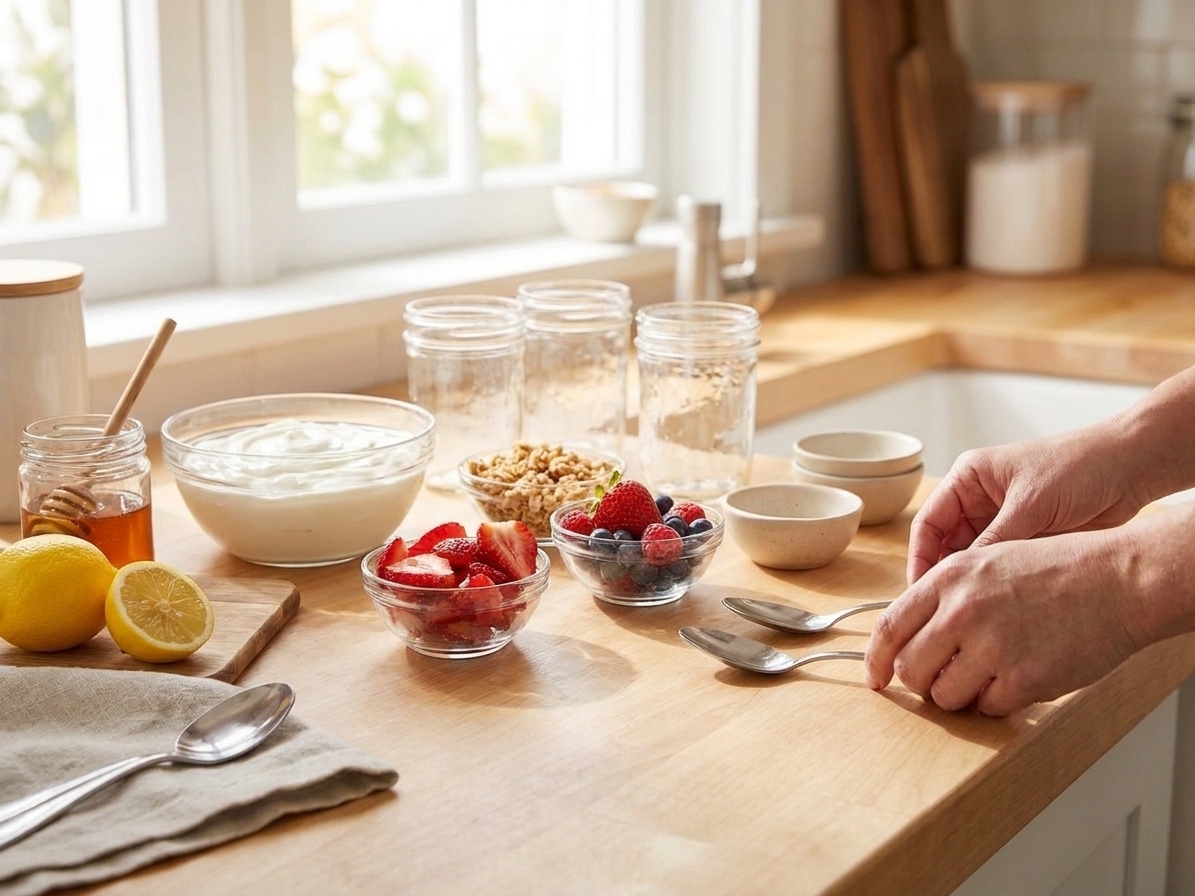 Greek yogurt, fresh berries, granola, honey, and a lemon on a clean kitchen counter with small bowls ready for assembling parfaits