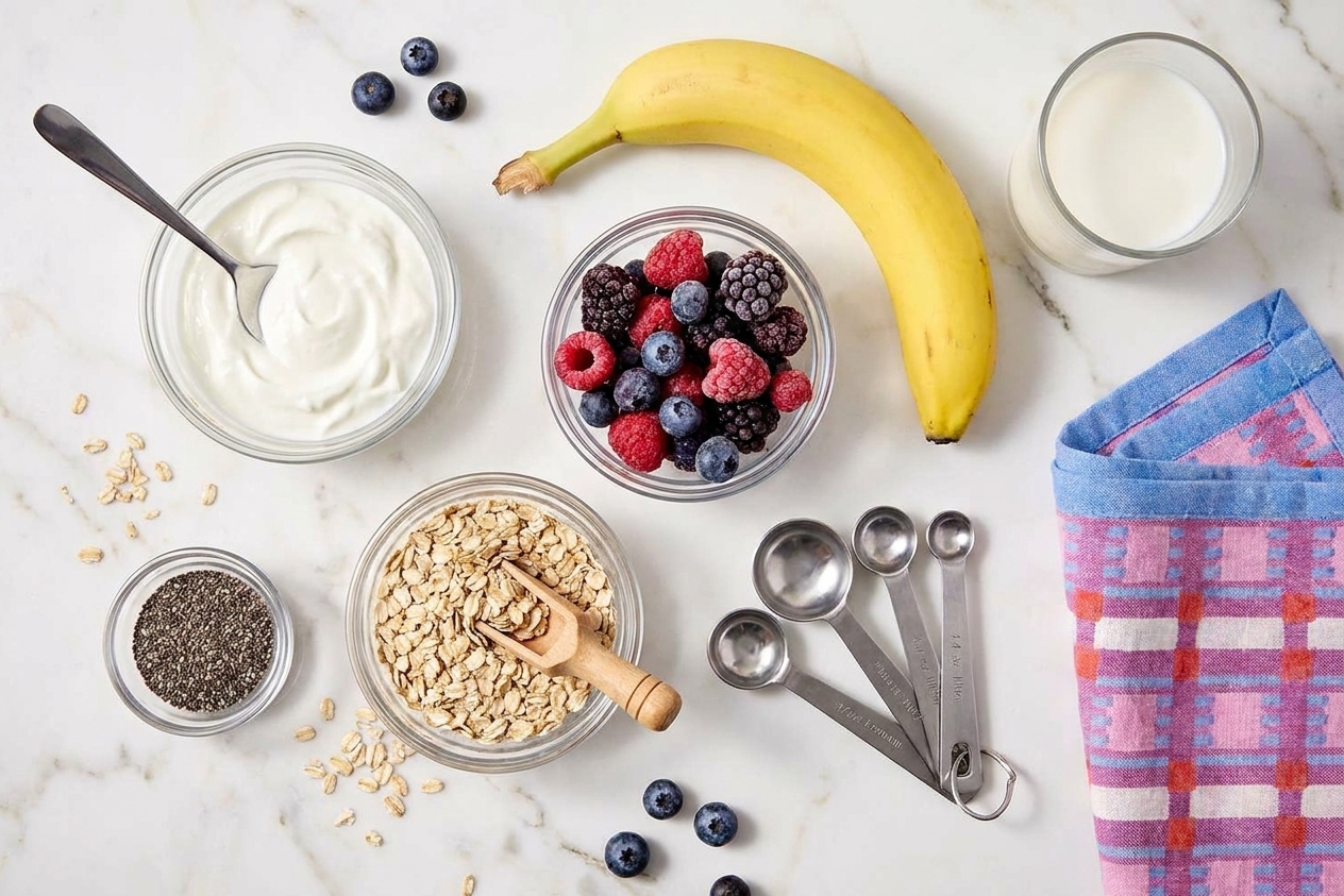 Greek yogurt, frozen mixed berries, rolled oats, chia seeds, milk, vanilla, and a banana arranged on a clean kitchen counter with measuring spoons