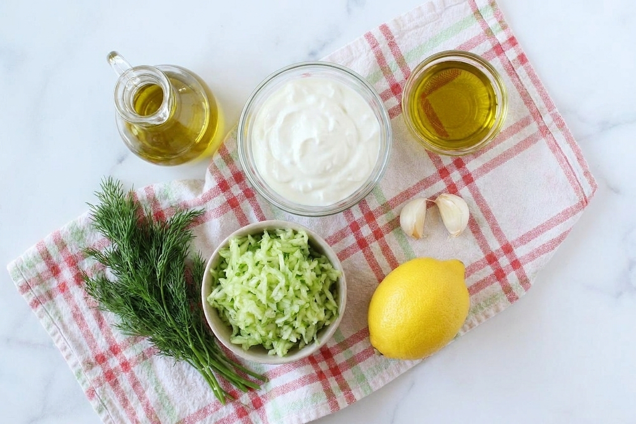 Greek yogurt, grated cucumber, fresh dill, lemon, garlic, and olive oil arranged on a clean kitchen counter
