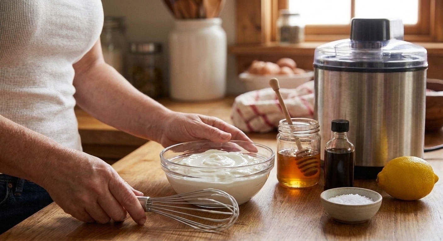 Greek yogurt, honey, vanilla extract, lemon, and salt measured out on a clean kitchen counter, ready to be mixed