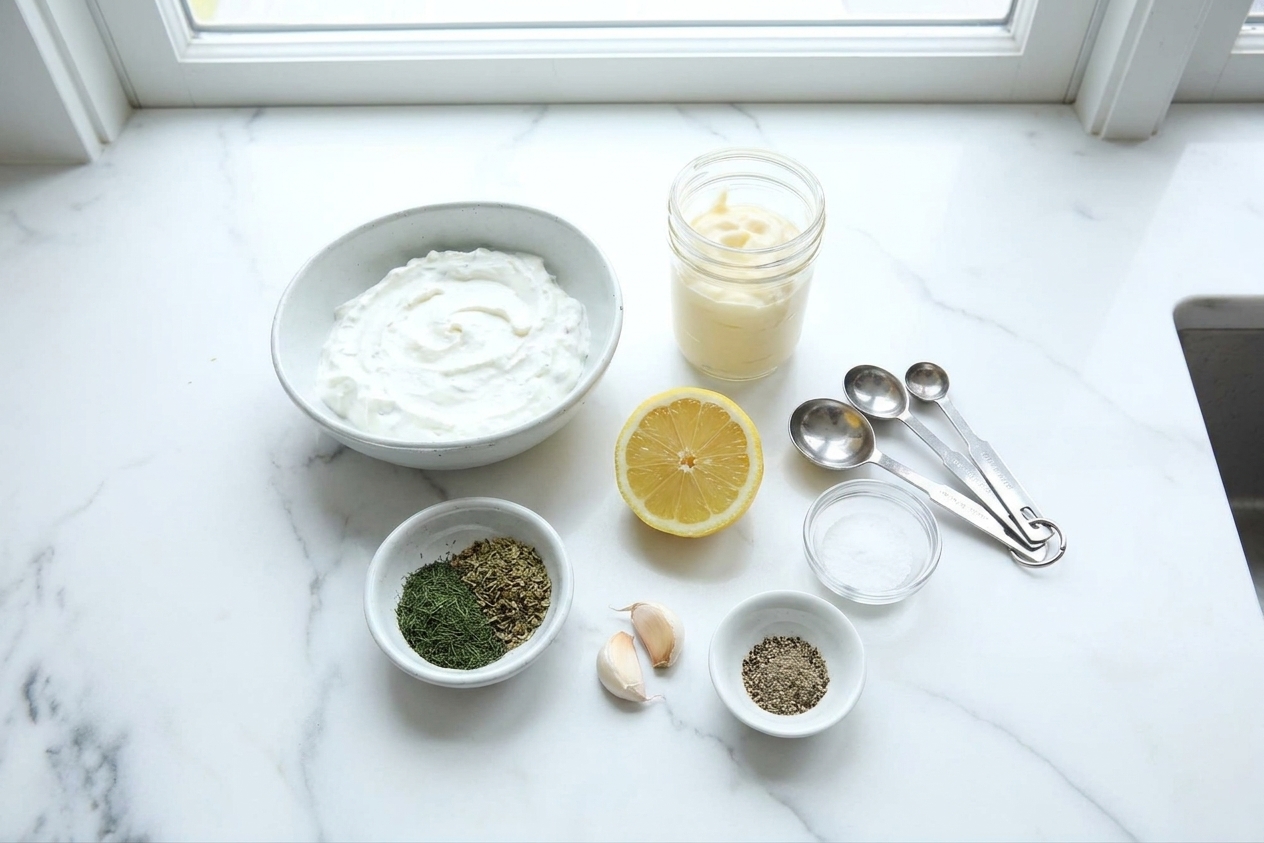 Greek yogurt, mayonnaise, lemon, dried herbs, garlic, and seasonings arranged on a clean kitchen counter with measuring spoons
