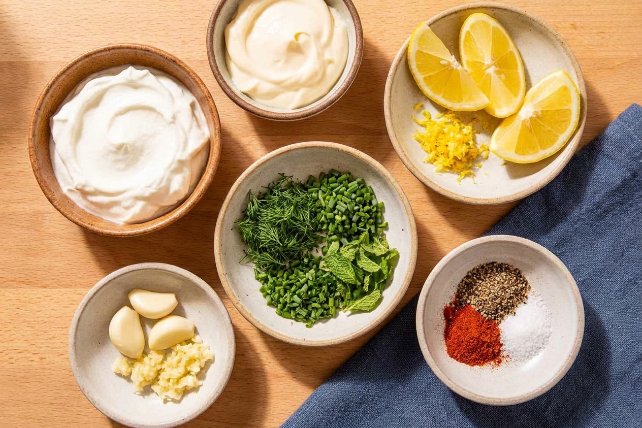 Greek yogurt, mayonnaise, lemon, fresh herbs, garlic, and spices arranged on a bright kitchen counter in small bowls